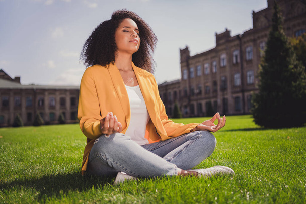 Portrait of attractive focused serene calm girl sitting on grass meditating asana chakra balance healthy life outdoors - Foto, Imagem