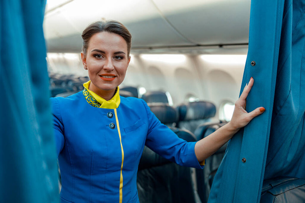 Χαρούμενη γυναίκα αεροσυνοδός που στέκεται σε καμπίνα επιβατικού αεροσκάφους - Φωτογραφία, εικόνα