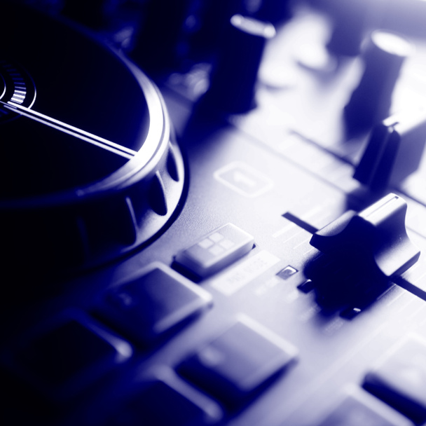 Dj nightclub deejay mixing desk house music on turntables party square album cover design. - Photo, Image