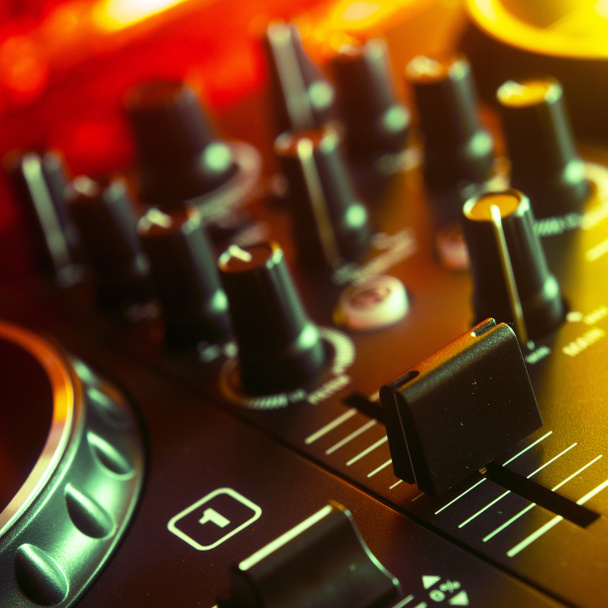 Dj nightclub deejay mixing desk house music on turntables party square album cover design. - Photo, Image