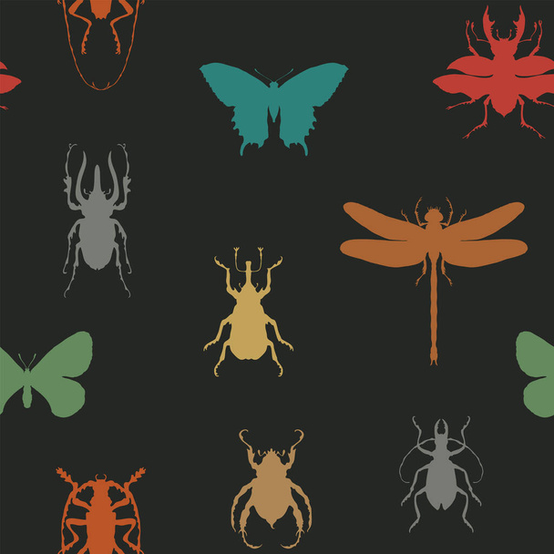 Childish seamless pattern with colored silhouettes of various insects. Repeating vector background with butterflies, beetles, dragonfly on a black backdrop. Wallpaper, wrapping paper or fabric design - Vektor, obrázek