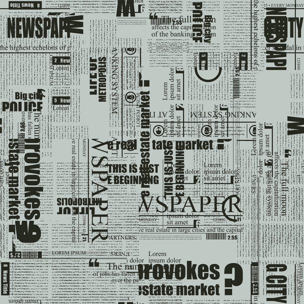 Abstract seamless pattern with chaotic layering of illegible newspaper text and titles on a grey backdrop. Monochrome vector background in retro style, wallpaper, wrapping paper or fabric design - Vetor, Imagem