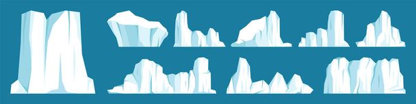 Floating icebergs collection. Drifting arctic glacier, block of frozen ocean water. Icy mountains with snow. Melting ice peak. Antarctic snowy landscape. South and North Pole. Vector illustration. - Vector, Image