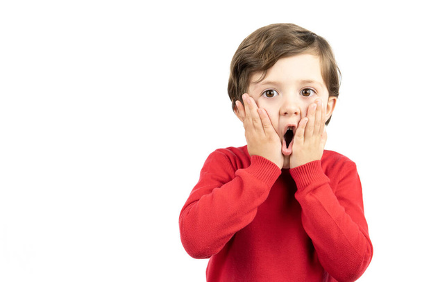 Kleiner Junge Kind überrascht mit Händen auf ihrem Kopf isoliert auf weißem Hintergrund - Foto, Bild