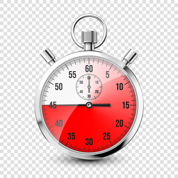Realistic classic stopwatch icon. Shiny metal chronometer, time counter with dial. Red countdown timer showing minutes and seconds. Time measurement for sport, start and finish. Vector illustration - Wektor, obraz