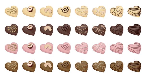 Vector set of sweets. Heart shaped white, milk, pink and dark chocolate candies decorated with nuts and pastry cream. - Vector, imagen