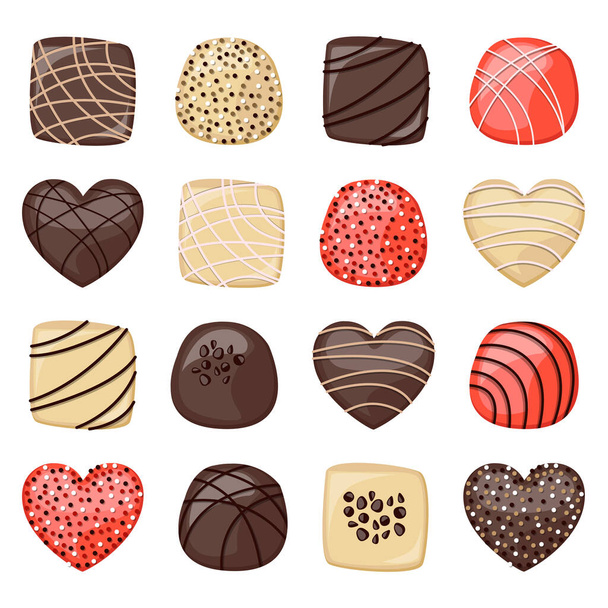 Set of white, orange and dark glitter chocolate candies decorated with confectionery topping and cream. Vector illustration. - Διάνυσμα, εικόνα