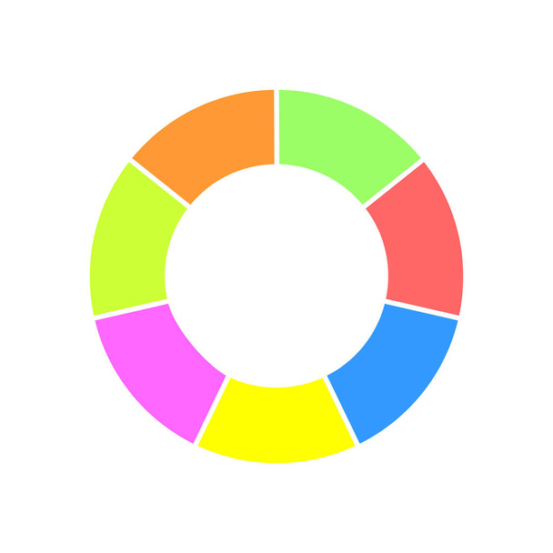 Tabla de donuts dividida en 7 secciones. Diagrama círculo colorido. Icono de rueda infográfica. Forma redonda cortada en siete segmentos iguales aislados sobre fondo blanco - Vector, Imagen