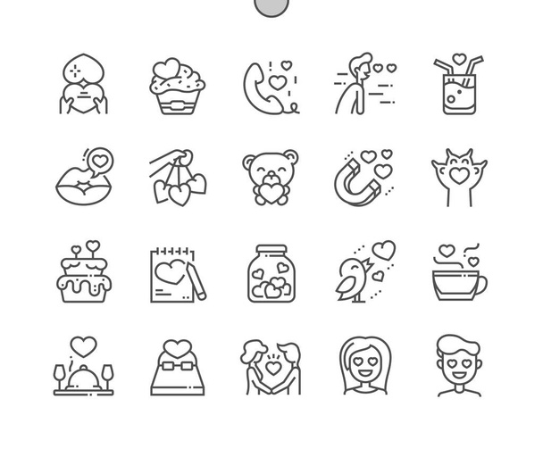 Valentines Day 14 February. Love bottle. Calendar. Fourteenth of february. Holiday. Wedding cake. Teddy bear. Pixel Perfect Vector Thin Line Icons. Simple Minimal Pictogram - Vector, Image