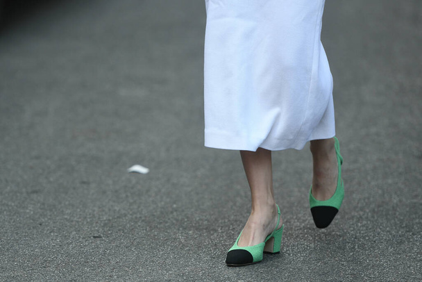Street style outfit - woman wearing blue white dress and green shoes - Photo, image