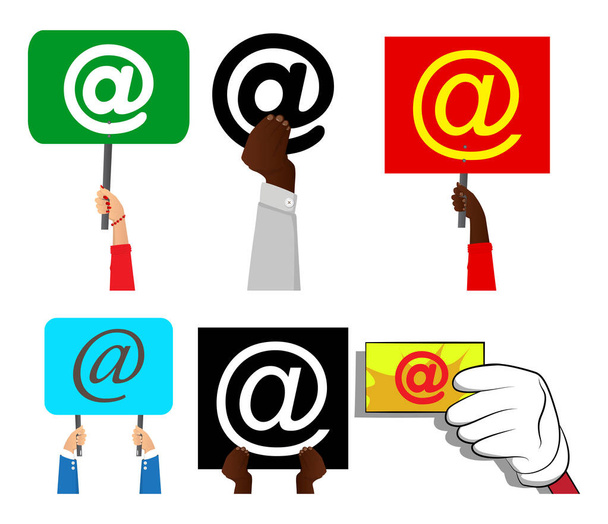 Hand holding up a banner with At sign, E-Mail, mail internet symbol. Man showing billboard banner, sign. - Vector, Image