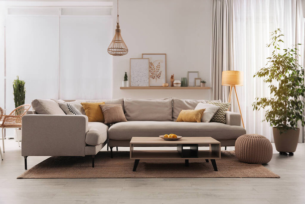 Stylish living room interior with comfortable grey sofa and coffee table - Фото, изображение