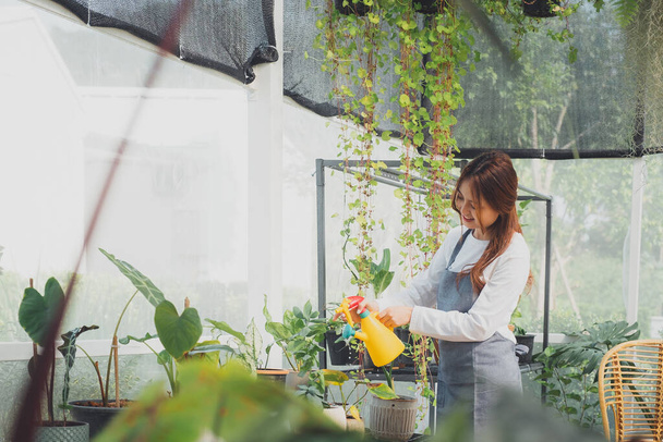 Young Nursery Worker In Greenhouse.  Home gardening, love of plants and care. Small business - Foto, Imagem