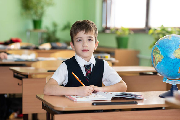 A schoolboy sits at a desk with textbooks and smiles. School life - Foto, Bild