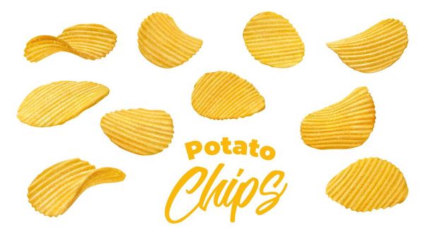 Realistische knapperige rimpel geïsoleerde aardappel chips van snack food. Vector gebakken knapperige chips, golvende zoute plakjes aardappelgroenten, junk of fastfood party snacks, 3d geribbelde chips set - Vector, afbeelding