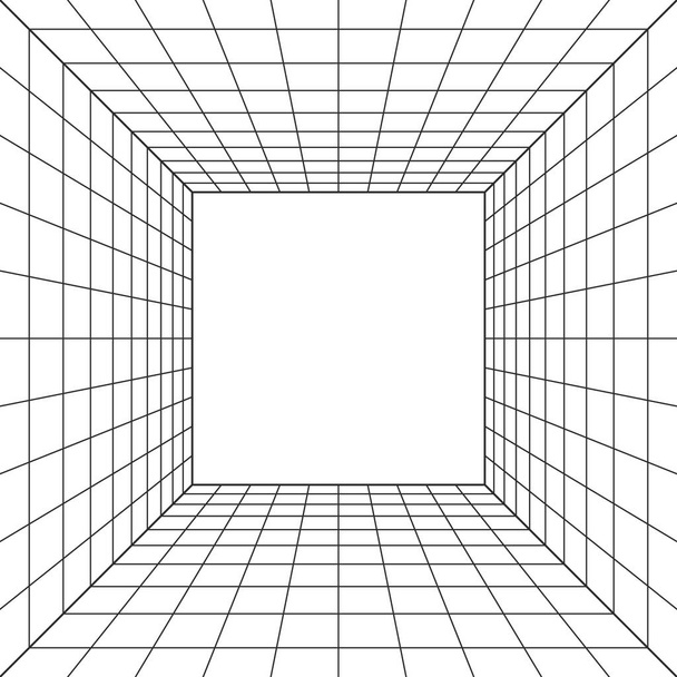 Cubo de perspectiva Wireframe. 3d sala de rejilla de alambre. 3D Perspectiva láser rejilla. Ciberespacio fondo blanco con malla negra. Espacio de pasillo digital futurista en realidad virtual. Ilustración vectorial - Vector, imagen