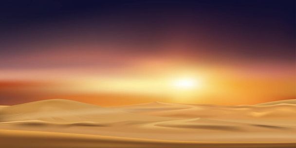 Tramonto al paesaggio desertico con dune di sabbia con cielo arancione in serata, Illustrazione vettoriale bella natura con alba al mattino, sfondo banner per l'Islam, Musulmano per Eid Mubarak, Eid al fitr - Vettoriali, immagini