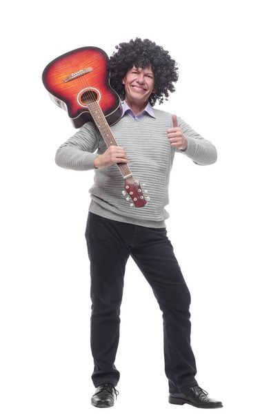 cheerful man with a guitar. isolated on a white - Fotó, kép