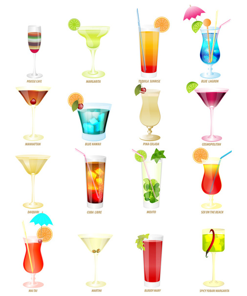 verzameling van populaire cocktails op een witte achtergrond - Vector, afbeelding