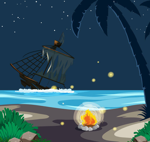 Sinking ship in the sea at night scene illustration - Διάνυσμα, εικόνα