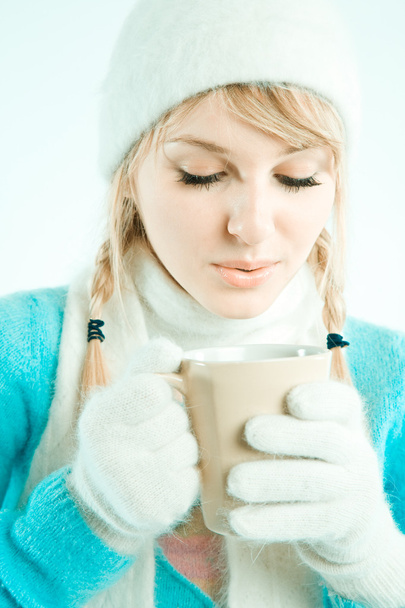 Girl drinking coffee - Фото, изображение