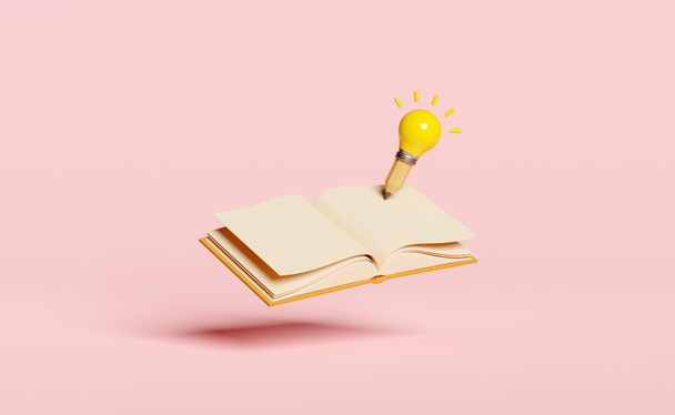 yellow light bulb with pencil, open book isolated on pink background. idea tip education, knowledge creates ideas concept, minimal abstract, 3d illustration, 3d render - Photo, Image