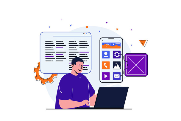 App development modern flat concept for web banner design. Male designer works with mobile application at laptop, coding and making interface layout. Vector illustration with isolated people scene - Vector, Image