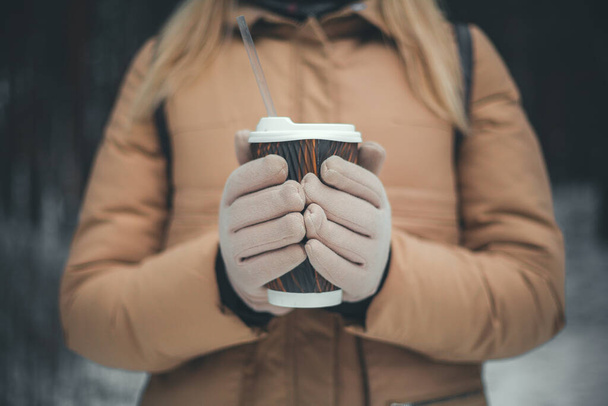 Girl's hands in gloves hold a cup of hot cocoa or coffee, toned photo with copy space - Фото, зображення