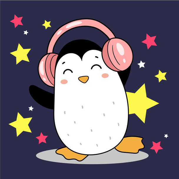 The penguin is a music lover. Dancing with headphones on. Cartoon black and white bird. The disco star. Vector graphics. - Vetor, Imagem
