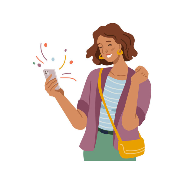 Femme tenant téléphone portable célébrer les nouvelles victorieuses - Vecteur, image