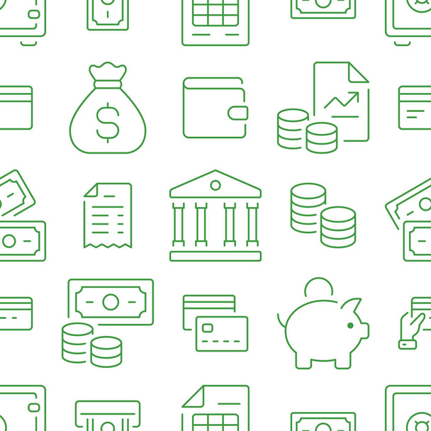 Pieniądze zielony bezszwowy wzór. Tło wektorowe obejmowało ikony linii jako skarbonka, portfel, kartę kredytową, monetę, banknot, torbę, gotówkę, finanse, szkic piktogramu paragonu dla bankowości - Wektor, obraz