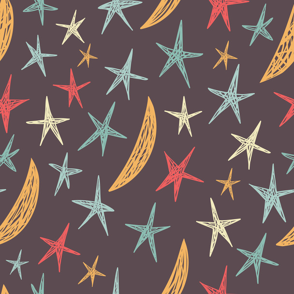 Vector seamless pattern with stars and moons. Endless brown background. - Vector, Imagen