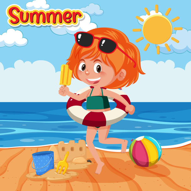 夏のビーチのテーマイラストで幸せな女の子 - ベクター画像