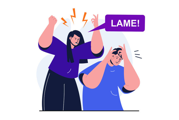 Bullying modern flat concept for web banner design. Aggressive woman screaming and insulting suffering man. Emotional pressure and violence in couple. Vector illustration with isolated people scene - Vector, Image