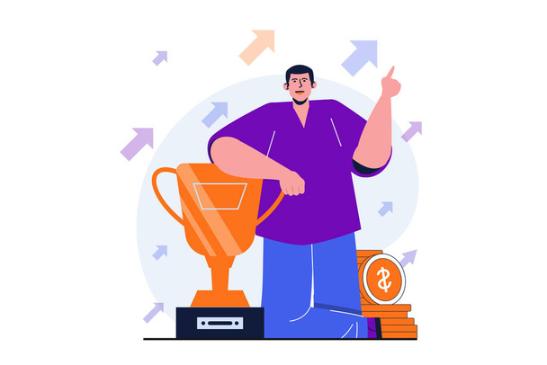 Business award modern flat concept for web banner design. Businessman receives golden cup, celebrates triumph. Happy man achieves goals, develops career. Vector illustration with isolated people scene - Vector, Image