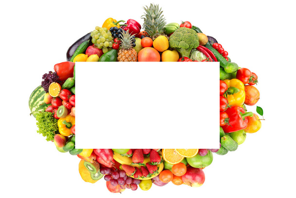 Rectangular fruit and vegetable frame isolated on white background. Copy space. - Foto, Imagen