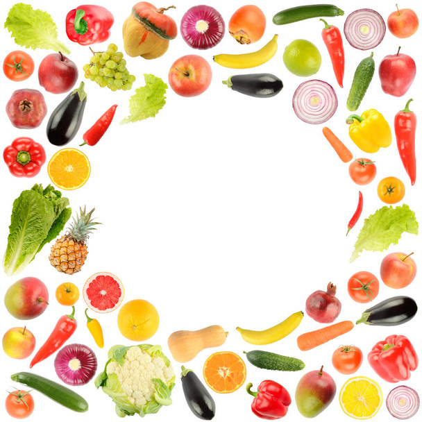 Delicious and healthy vegetables and fruits in form frame isolated on white background. - Valokuva, kuva