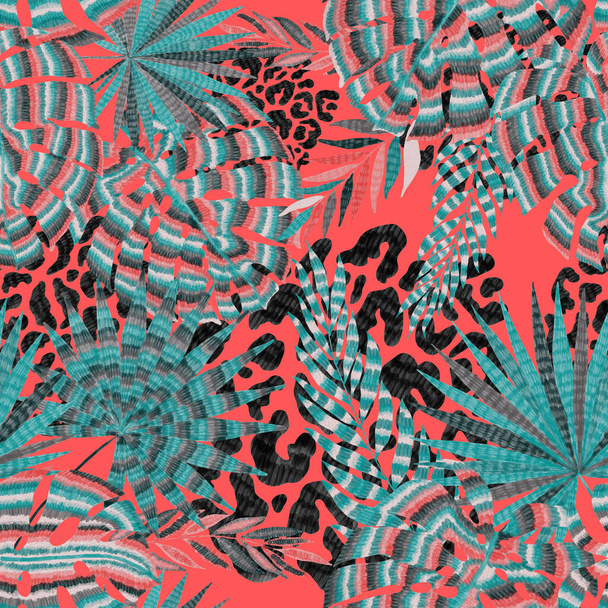 Modern abstract seamless pattern with creative colorful tropical leaves and leopard spots. Retro bright summer background. Jungle foliage illustration. Swimwear botanical design. Vintage exotic print. - Photo, Image