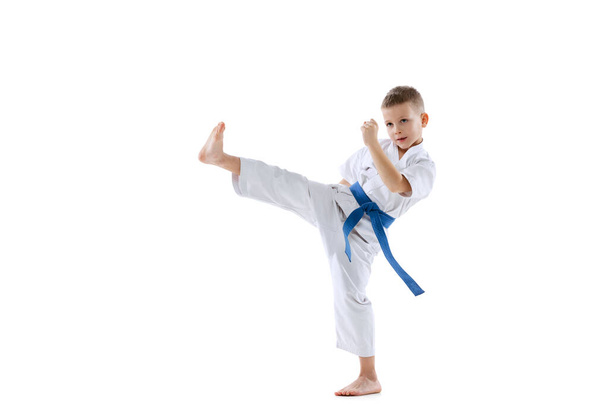 One sportive little boys, taekwondo athletes wearing doboks practicing alone isolated on white background. Concept of sport, martial arts - Photo, Image