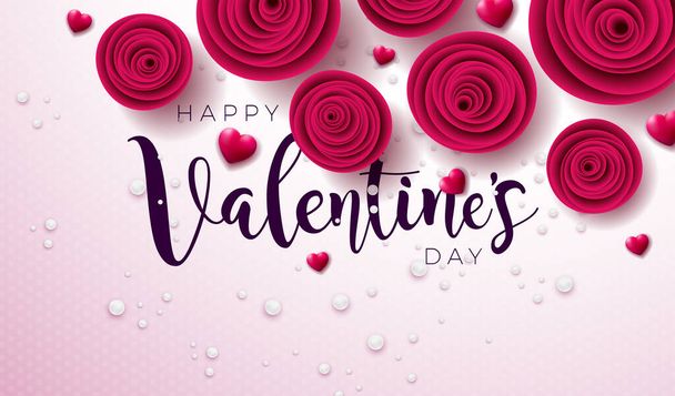 Happy Valentines Day Design with Rose Flower and Handwriting Typography Letter on Light Pink Background. Vector Love, Wedding and Romantic Valentine Theme Illustration for Flyer, Greeting Card, Banner - Vektori, kuva