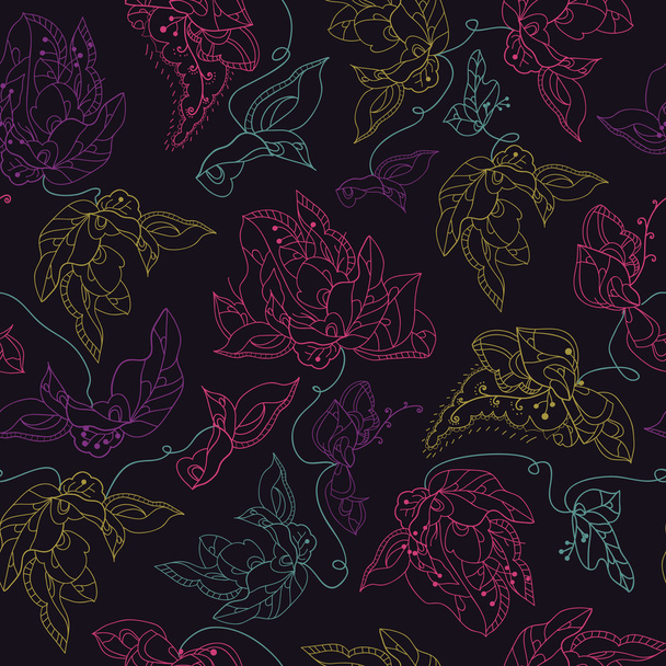 Abstract vector seamless pattern  with  outline abstract flowers and leaves on dark background. - Διάνυσμα, εικόνα