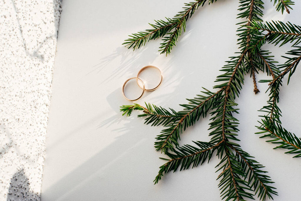 Amazing stylish wedding rings near a rustic wreath on a tree - Foto, imagen
