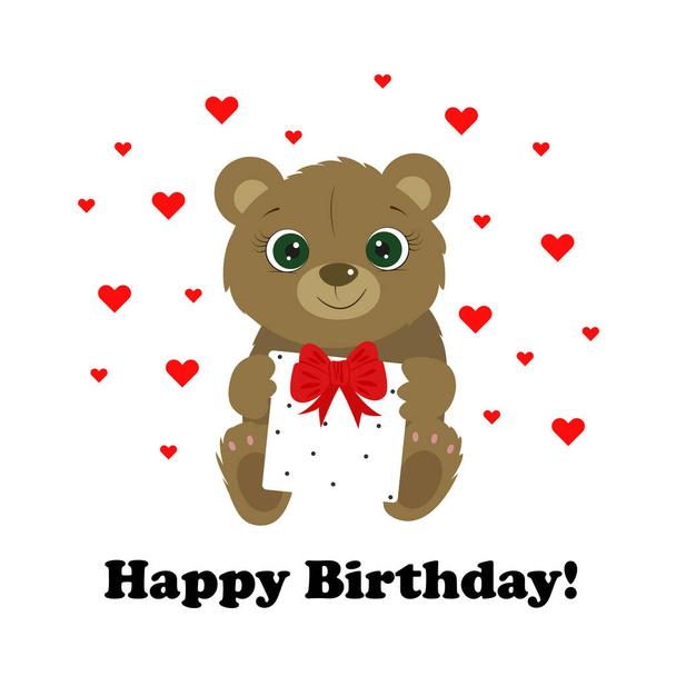 Happy Birthday greeting card with cute bear. Cute teddy bear. I Love you. Miss you. Vector illustration. - Wektor, obraz