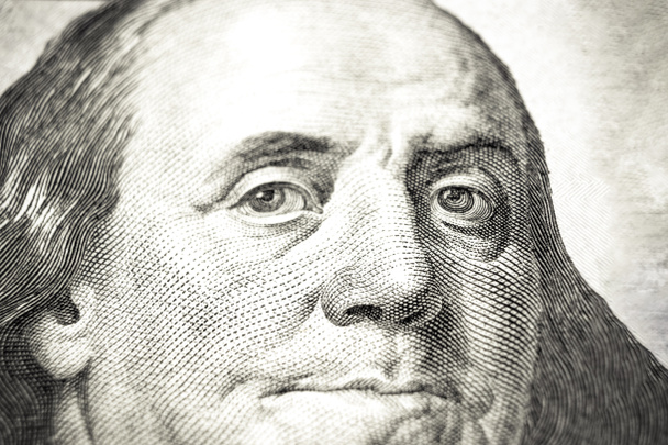 Benjamin Franklin portrait on 100 banknote. Dolar USA close up. Fragment of bills close-up - Photo, Image