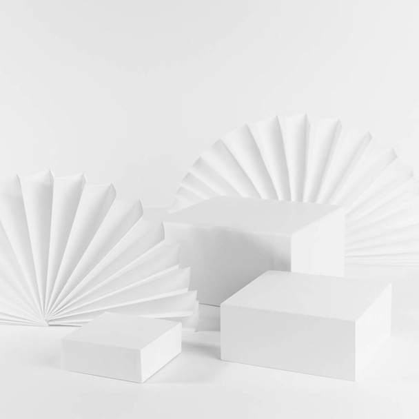 White abstract stage mockup with three different size rectangle podiums for presentation cosmetic product, goods on table with simple geometric decor - asian paper fans, side view, corner, 3d, square. - Φωτογραφία, εικόνα
