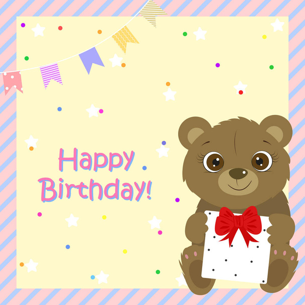 Happy Birthday greeting card with cute bear. Cute teddy bear. I Love you. Miss you. Vector illustration. - Vector, Image