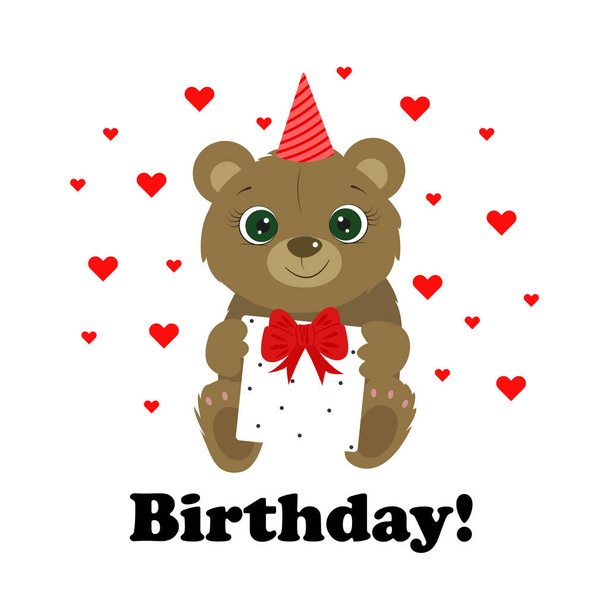 Happy Birthday greeting card with cute bear. Cute teddy bear. I Love you. Miss you. Vector illustration. - ベクター画像