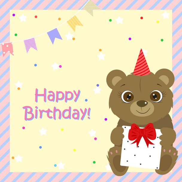 Happy Birthday greeting card with cute bear. Cute teddy bear. I Love you. Miss you. Vector illustration. - Vektor, kép