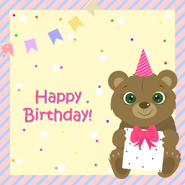 Happy Birthday greeting card with cute bear. Cute teddy bear. I Love you. Miss you. Vector illustration. - Вектор,изображение