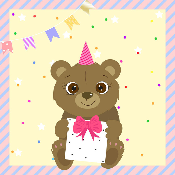 Happy Birthday greeting card with cute bear. Cute teddy bear. I Love you. Miss you. Vector illustration. - Vektor, obrázek
